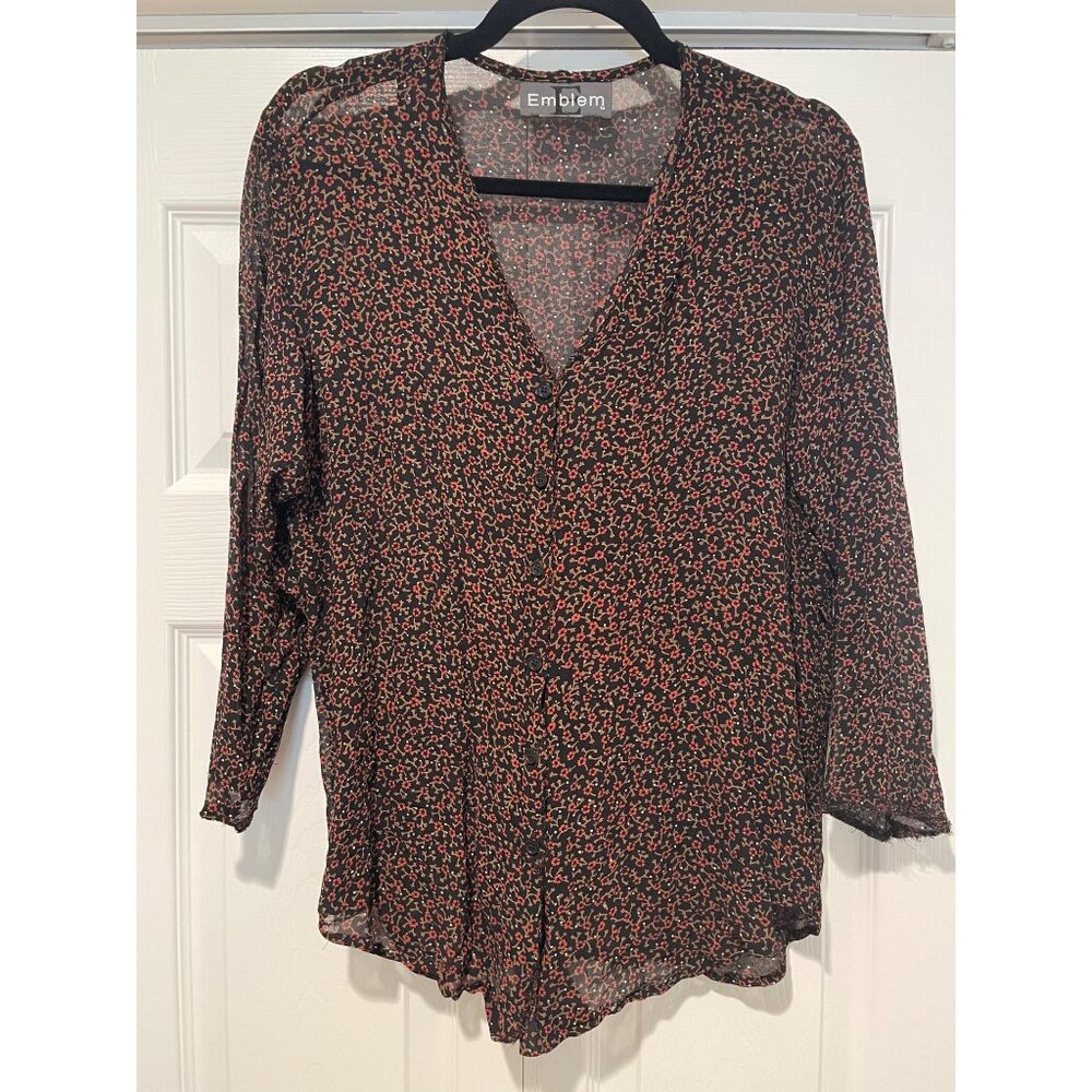 Vtg Emblem Womens Sheer‎ Button Up Floral Top Size M 90s Fairy Grunge Goblincore